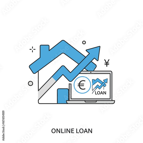 House icon with rising graph and laptop symbolizing online loan.