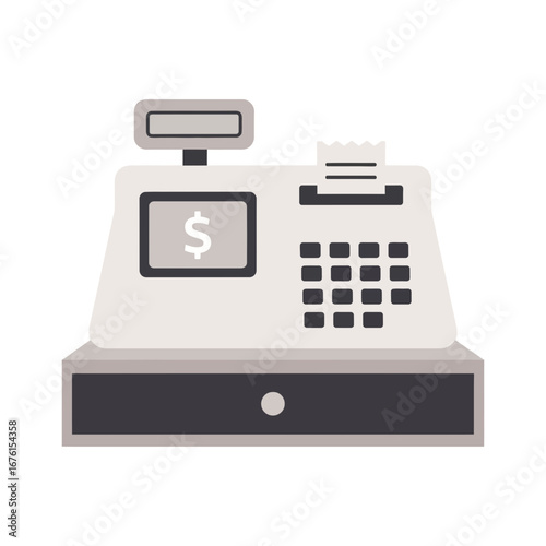A vintage cash register with a display and keypad.