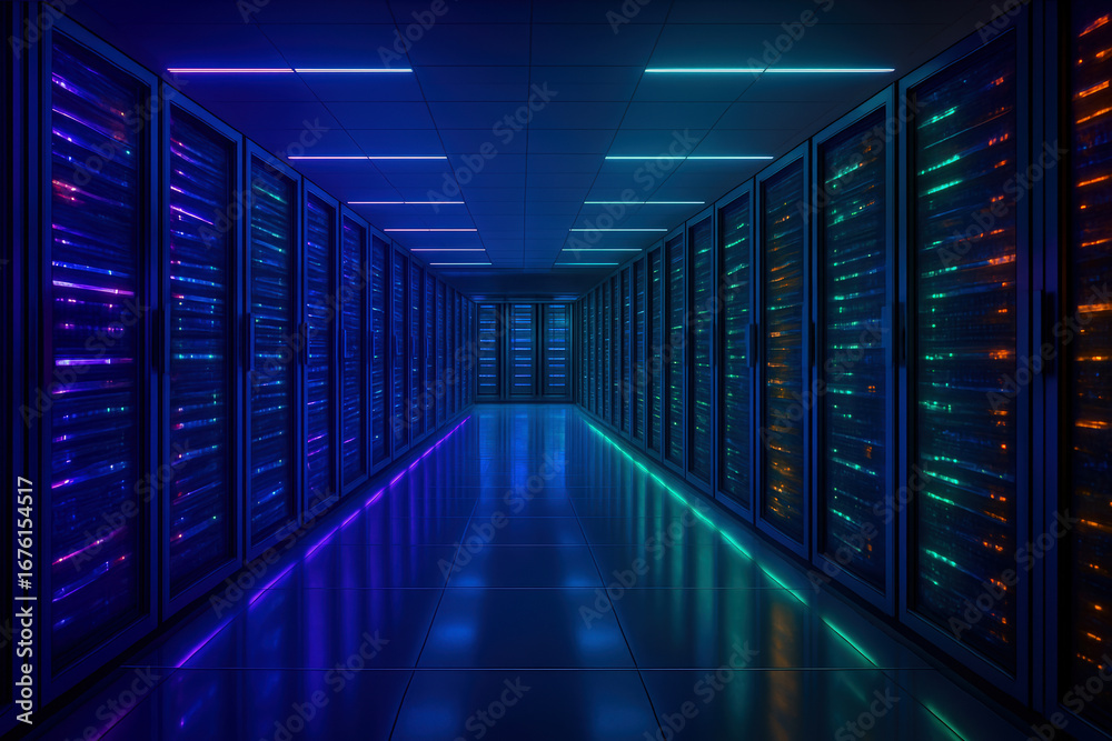 Fototapeta premium Modern Data Center: Illuminated Server Room Corridor, Futuristic Technology, Blue and Teal Lighting