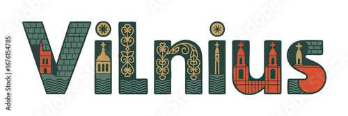 Vilnius Lithuania Typography Illustration with Iconic Landmarks, Decorative Letters, Cityscape Design, Baltic Travel Art