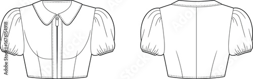 Technical fashion illustration of cropped blouse with puffed short sleeves, Peter Pan collar, button placket, princess seams, front and back garment construction drawing