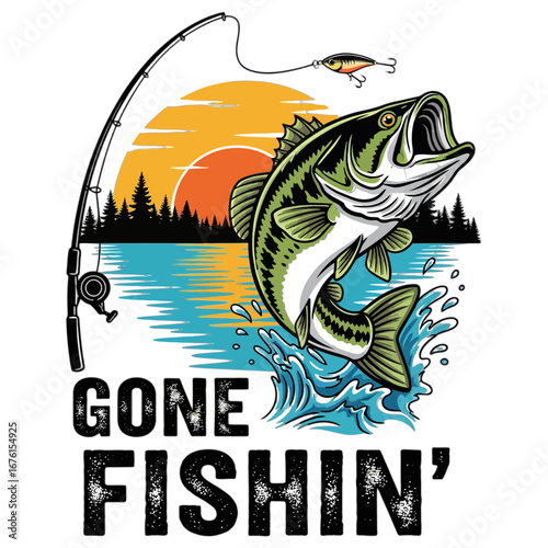 Vibrant graphic illustration of a largemouth bass jumping from the water, hooked by a lure against a beautiful sunset