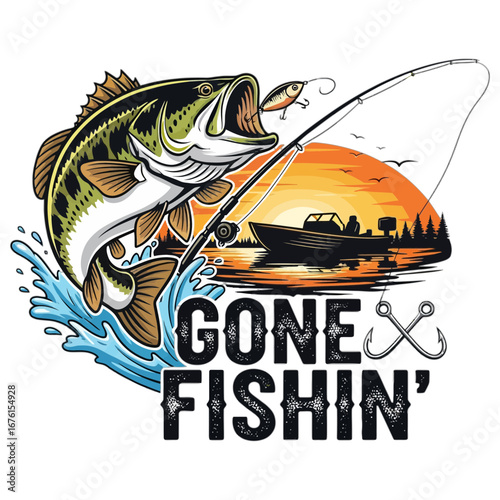 Gone Fishin' - Bass Fishing Adventure with Boat and Sunset