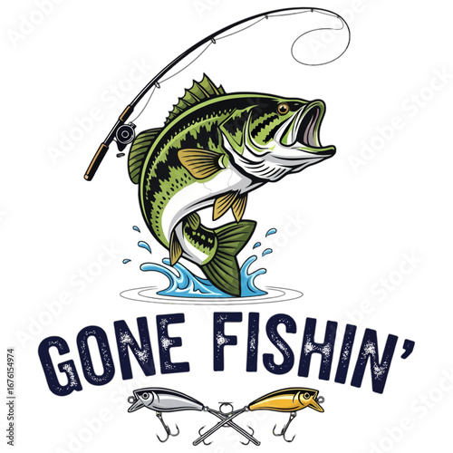 Vibrant vector illustration of a largemouth bass fish jumping out of the water on a fishing line. A dynamic emblem design for outdoor angling and sportfishing