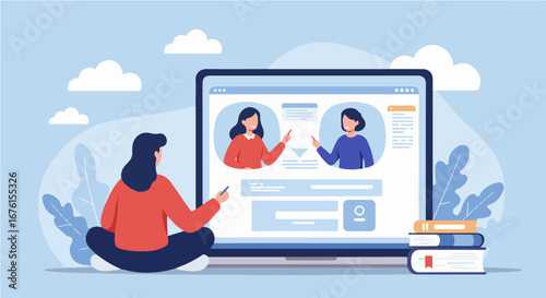 Woman participates in an online video conference with two female colleagues, using a laptop.