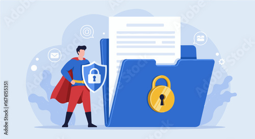 A superhero character guarding a secure folder containing a document, symbolizing data protection.