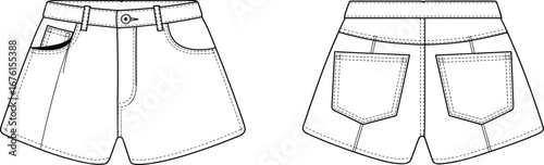 Technical fashion illustration of denim shorts with front and back views, waistband, belt loops, pockets, yoke, topstitching, garment construction drawing