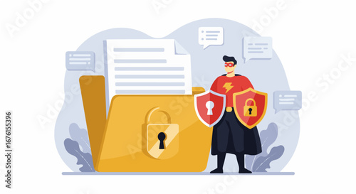 Superhero protects a folder with documents and a padlock, using shields with lock icons, symbolizing data security.