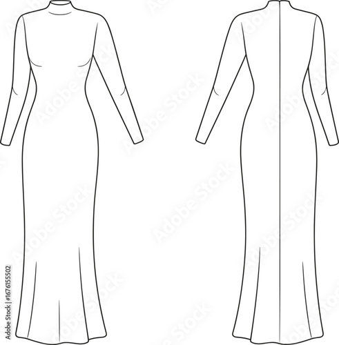 Technical fashion illustration of long‑sleeved floor‑length dress with high neckline, fitted bodice, flared skirt, back seam, garment construction drawing