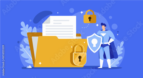 Superhero character protects a file folder with a padlock, shield, and floating lock on a blue background.