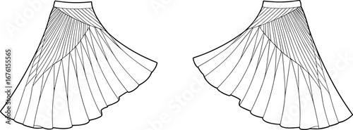 Technical fashion illustration of pleated skirts with diagonal designs, waistband detail, garment construction drawing, clothing design template, apparel vector artwork