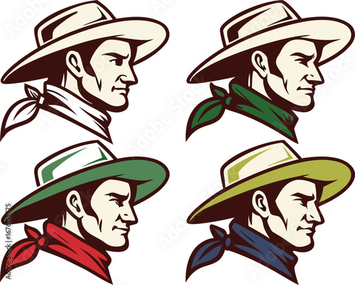 Four cowboy head profiles in different colors