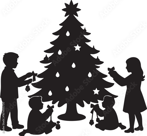 Children decorating Christmas tree ornaments star