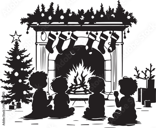 Children gathered around fireplace christmas tree stockings
