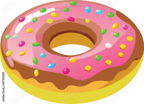 Delicious pink glazed donut with colorful sprinkles isolated on white background, a sweet treat for everyone