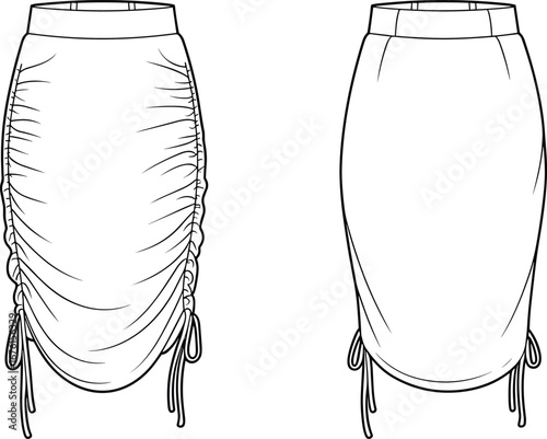 Technical fashion vector illustration of ruched skirts with adjustable drawstring details, garment flat sketch for apparel design and pattern making