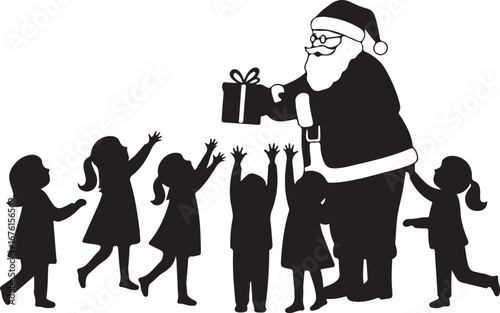 Santa Claus giving gift to excited children gifts Christmas