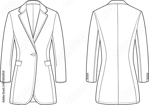 Technical flat fashion sketch of tailored coat front and back views with notched lapel, single button, flap pockets, sleeve details