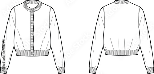 Technical flat fashion sketch of women’s cardigan sweater front and back views with ribbed collar, button placket, cuffs, waistband, seam detailing