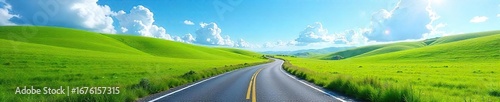 A winding road stretches into the distance, disappearing around a bend, flanked by lush green fields and a vibrant blue sky Perfect for travel, adventure, and journey concepts , perspective, way