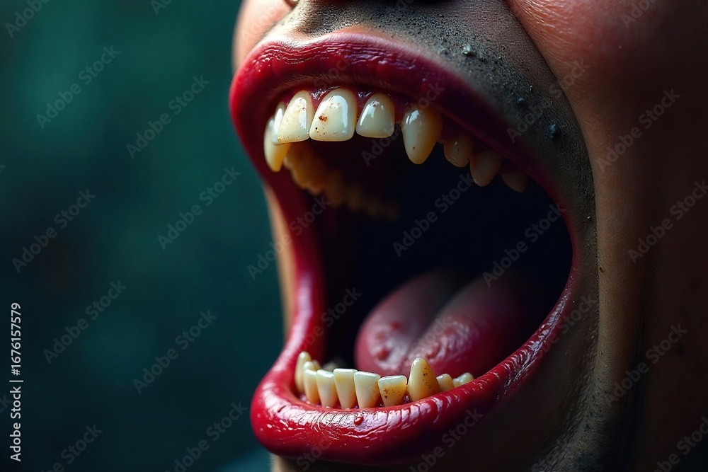 Naklejka premium Close-up of a ravenous, gaping maw, symbolizing insatiable greed and hunger; a visceral representation of unchecked desire for more , ravenous, shadowy, shadow