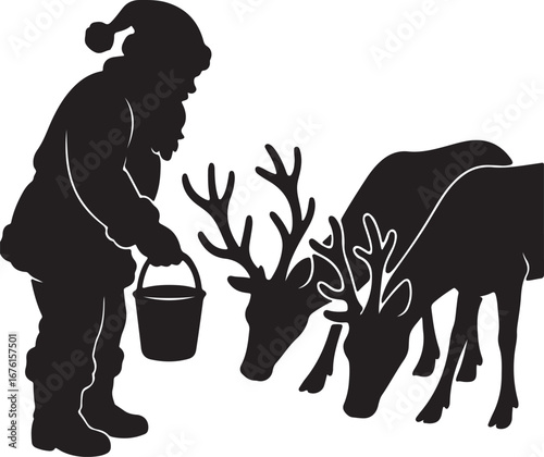 Santa feeding reindeer with bucket santa claus christmas