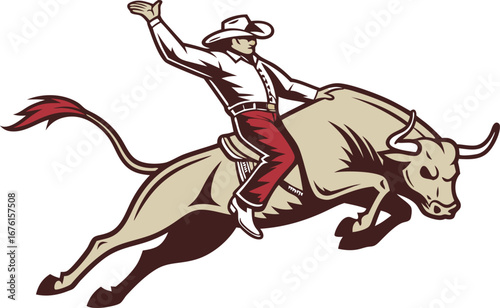 Cowboy roping a bucking bull in a rodeo competition
