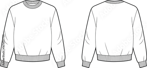 Technical flat sketch of crew neck sweatshirt front and back views with ribbed cuffs and waistband for apparel design vector illustration template