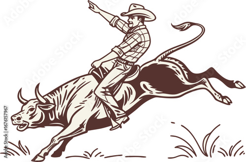 Cowboy roping a bucking bull in a rodeo competition