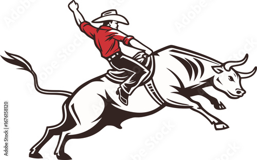 Cowboy roping a bucking bull in a rodeo competition