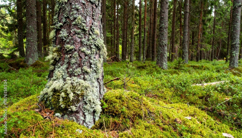Obraz premium Moss-Covered Tree Trunk in Serene Green Forest Setting