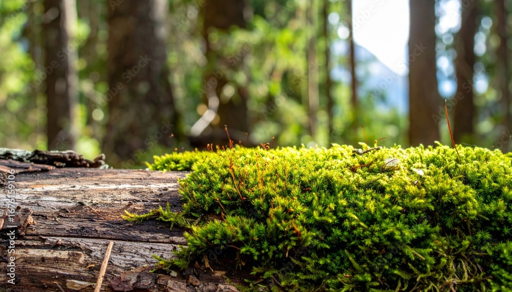Naklejka premium Lush Green Moss on Log Surrounded by Trees in Forest Setting