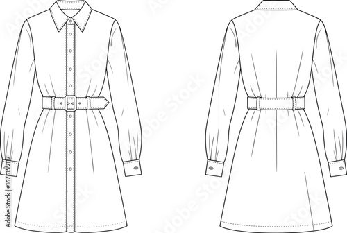 Technical vector illustration of belted shirt dress with pointed collar, button‑down front, long sleeves, flared skirt, front and back garment views