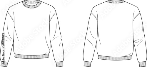 Technical vector illustration of crewneck sweatshirt, front and back view, long sleeves, ribbed cuffs, hem, neckline, garment construction, fashion design