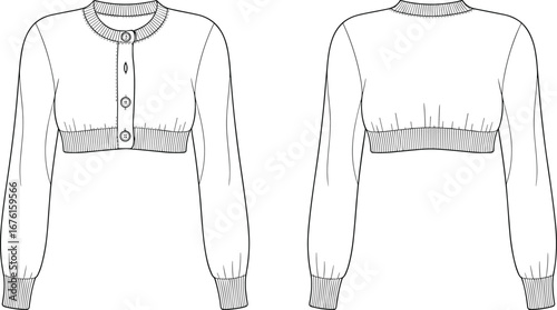 Technical vector illustration of cropped cardigan sweater with ribbed crew neckline, button front closure, long sleeves, front and back garment construction views