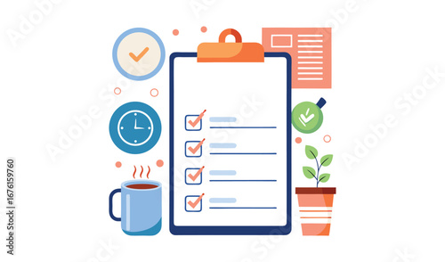 Daily routine checklist with coffee and plants for productivity and wellness
