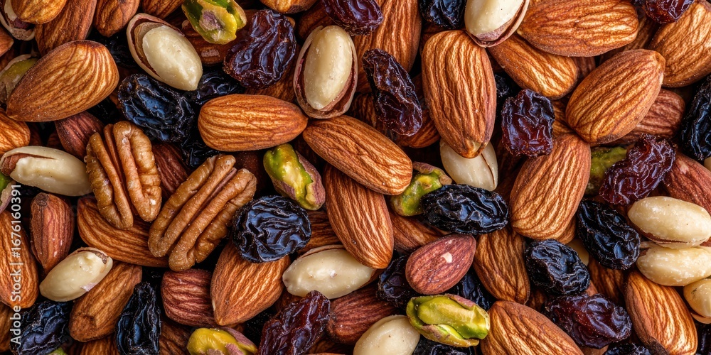 Fototapeta premium A vibrant assortment of nuts and dried fruits, showcasing a mix of almonds, pecans, pistachios, and raisins, perfect for snacking or healthy recipes.