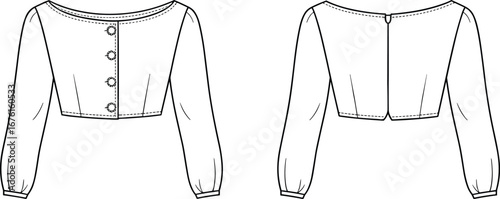 Technical vector illustration of long sleeve cropped blouse, front and back view, wide neckline, button closure, wrist gathers, garment design