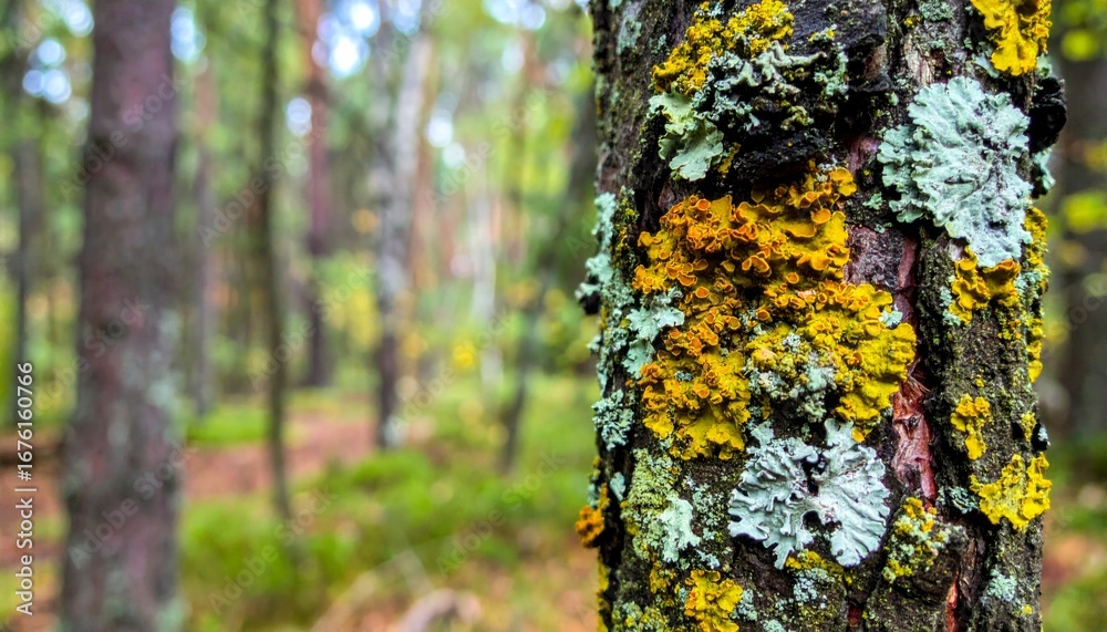 Fototapeta premium Lichen Covered Tree Trunk in Vibrant Green Forest Setting