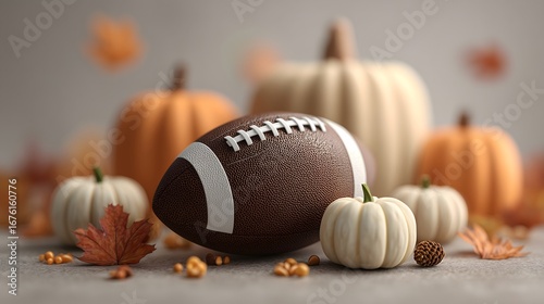 Thanksgiving celebration with American football and autumn pumpkins in a cozy setting