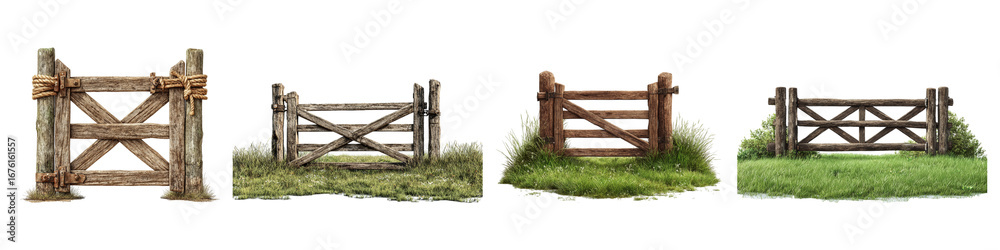 Fototapeta premium Rustic wooden farm gates in a rural setting with green grass isolated on transparent background.