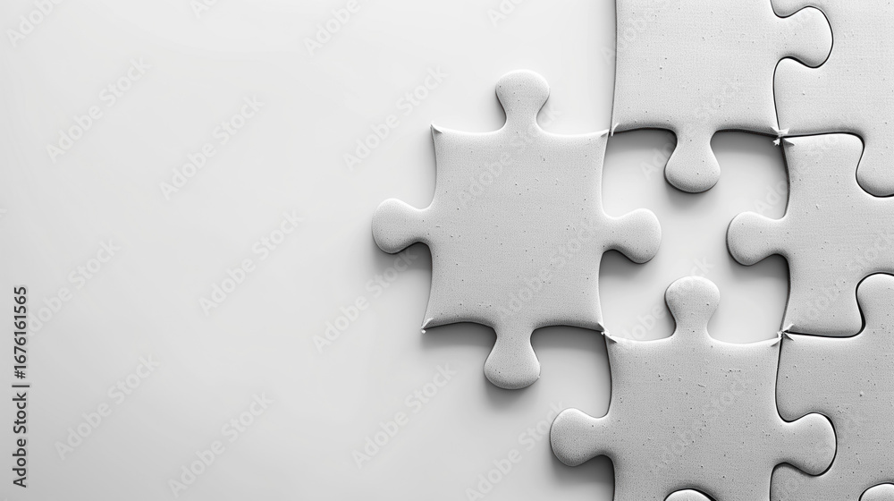 Obraz premium Minimalist studio photo of a single white puzzle piece fitting into place, isolated on light background, symbolizing solution, teamwork, connection, problem solving, and integration