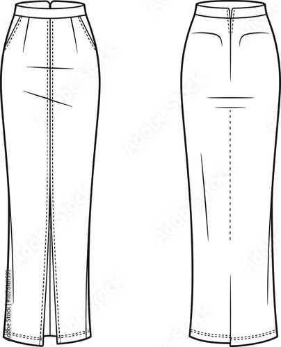 Vector technical fashion flat sketch of long fitted high waist skirt with front and back views, pockets, seams, and slit details