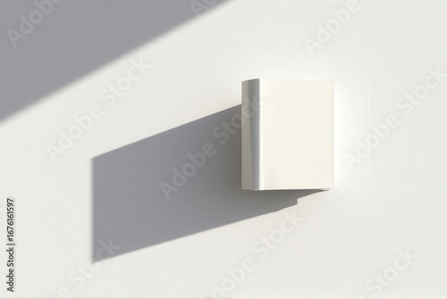 Z-fold brochure mockup, closed, casting a distinct elongated 'Z' shadow on a white wall under strong directional sunlight, ideal for advertising layouts and editorial projects