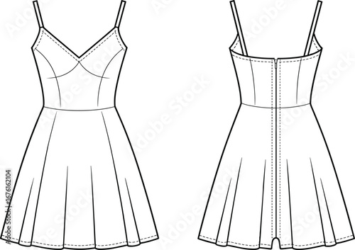 Vector technical fashion flat sketch of sleeveless spaghetti strap dress with sweetheart neckline, princess seams, flared skirt, front and back views