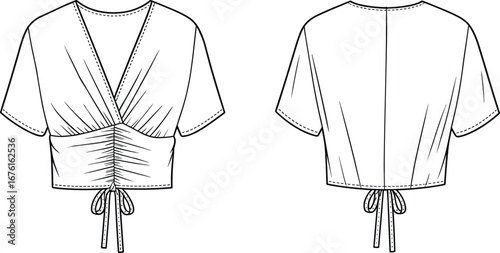 Women’s cropped top fashion flat sketch with front and back views, short sleeves, deep V‑neck, drawstring tie, gathered bodice design