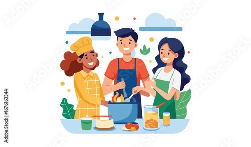 Diverse group of friends happily cooking together in a kitchen