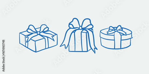 Hand-drawn Christmas presents. Line art, ink, minimalist style. Vector illustration. Winter holidays collection.