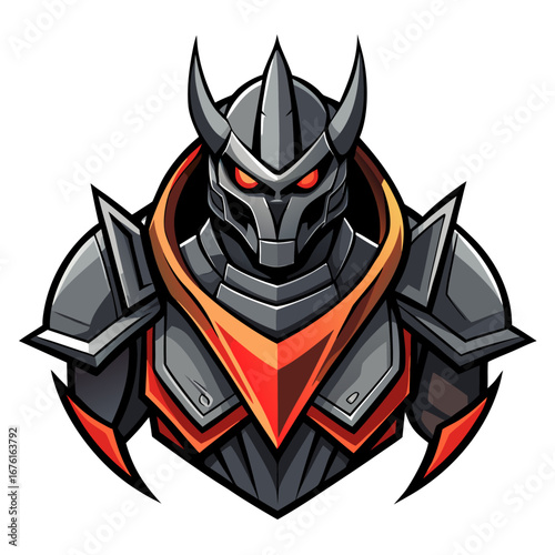 Sci-Fi Robotic Warrior Emblem with Layered Armor, Spiked Shoulders, and Luminous Eyes