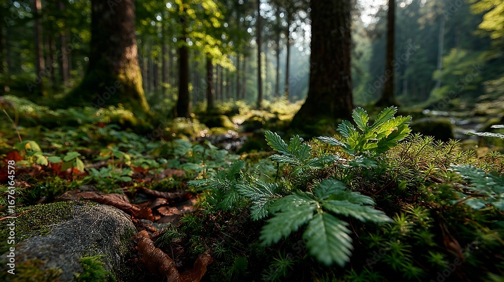 Fototapeta premium Immersive Green Leaf Canopy with Textured Wood Elements in Wilderness – Sensory Visual for Sustainable Wellness and Eco Branding